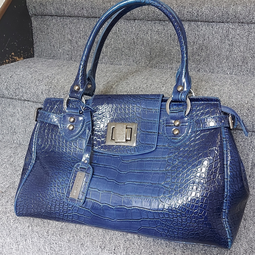 Blue Embossed Crocodile-Like Shoulder Bag Tote